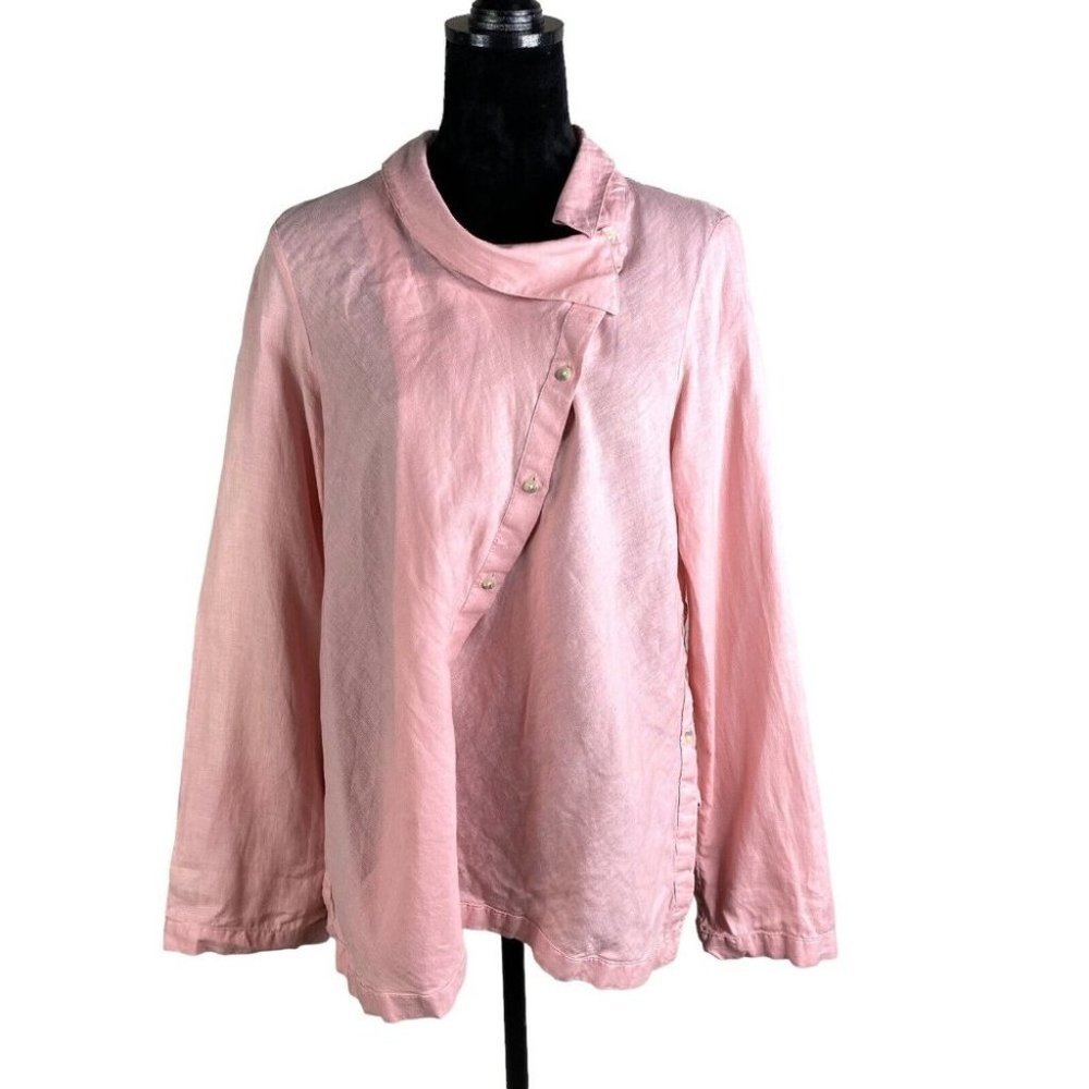 SUNDANCE Catalog Linen Top Blouse Pink Asymmetric Collar Buttons Size Medium